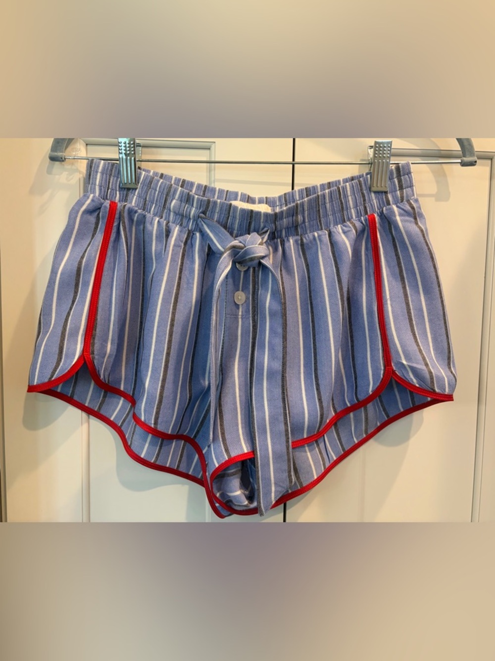 Abercrombie & Fitch Women’s Twill Menswear Blue Striped Sleep Shorts w/Red Trim